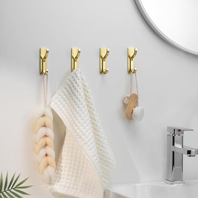 niffgaff Wall Hooks for Coat and Towel: 13lb Adhesive Door Hanger Stick On, Sticky Hook for Wall, Closet, Bathroom - Stainless Steel, Brushed Gold, 10 Pack