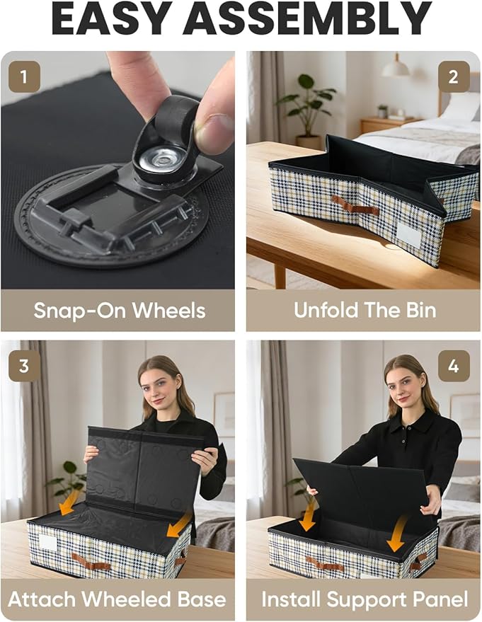 2-Pack Under Bed Storage with Wheels and 6 Vacuum Seal Bags, Adjustable Height 7.9"-10.2",63L Clear Lid Expandable Organizer for Bedding Blankets Clothes Shoes Toys, Space Saving Quick Assembly