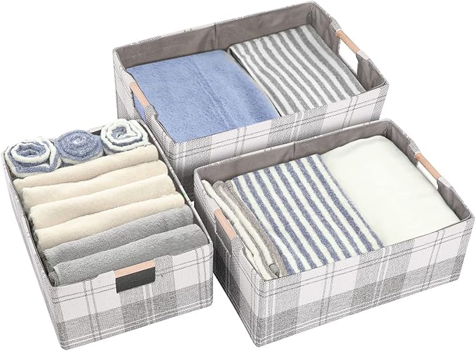 Fabric Storage Bin Box Collapsible Cotton Linen Storage Cube with Wooden Handles Rectangular Decorative Home Organizer Clothes Blanket Basket– Light Gray Plaid, Small