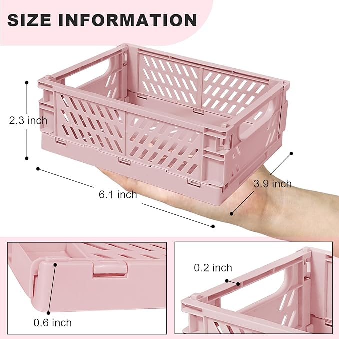 Small Pastel Plastic Storage Bins 2Pcs Foldable Pastel Crates Plastic Basket Colorful Storage Containers Baskets for Classroom Kitchen Office Bedroom Desktop Home Decor (Pink 5.8" x 3.8" x 2.2")