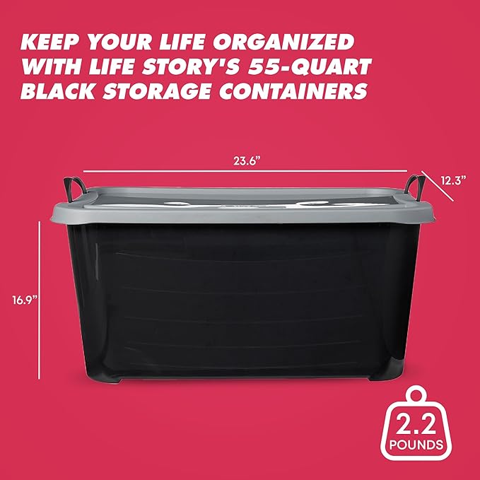 Life Story 24 Pack Heavy Duty Stackable Storage Bin, 55 Quart Home Organizer, Versatile Lightweight Locking Bins with Carrying Handles, Black/Gray