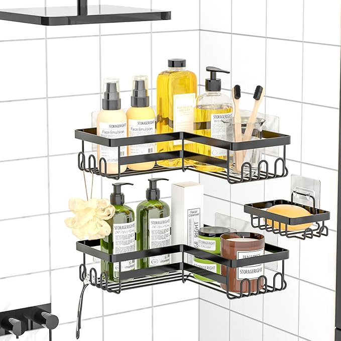 StorageRight Corner Shower Caddy, 3 Pack Adhesive Bathroom Accessories with Soap Holder, Storage Stainless Shower Organizer Shelf with Hooks, No Drilling Shower Shelves for Bathroom, Dorm and Kitchen