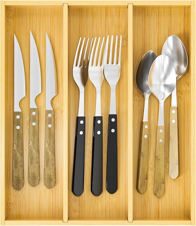 Bamboo Utensil Organizer for Kitchen Drawers, Utensil Tray and Cutlery Silverware Holder,Wood Drawer Dividers with 3 Slots
