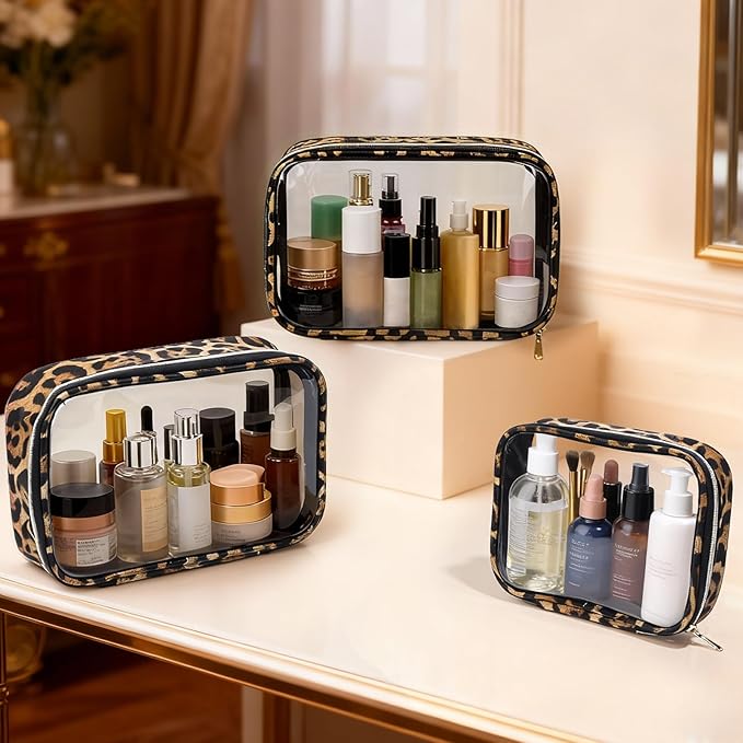 Clear TSA Approved Toiletry Bag - 3 Pack Travel Cosmetic Bag with Makeup Brush Portable Travel Essential Organizer for Women Transparent Waterproof Cosmetic Storage Case Carry-on Airline Compliant