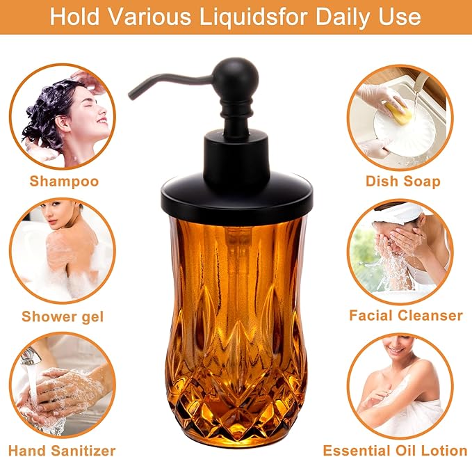 9Oz Amber Glass Soap Dispenser with Matte Black Zinc Alloy Pump,Lead-Free Thick-Cut Glass,Countertop Soap Dispensers for Bathroom & Kitchen,Round