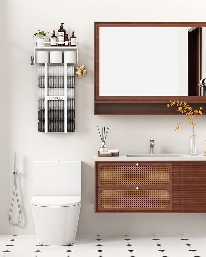 Towel Racks for Bathroom 31inch Wall Mounted Towel Rack,Floating Shelf with Wood Plank,Towel Storage for Bathroom Can Holds 6 Large Rolled Towels,All White