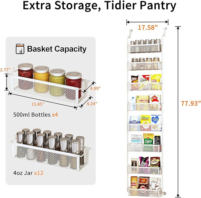 Over The Door Pantry Organizer, 8-Tier Pantry Organization and Storage, Over The Door Spice Rack, Home & Kitchen Storage Shelves for Cabinet, White
