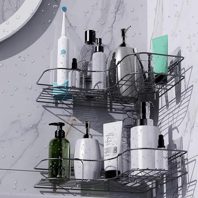 Moonlit Pond Corner Shower Caddy, 2 Pack Adhesive Shower Corner Organizer Shelves, No Drilling Stainless Steel Shower Storage Rack for Bathroom, Dorm and Kitchen, Black