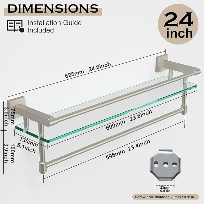 SFGSOWOR 24-Inch Modern Wall-Mounted Bathroom Glass Shelf with 1 Shelf, Brushed Nickel, 1 Towel Bar, 45 lbs Weight Capacity