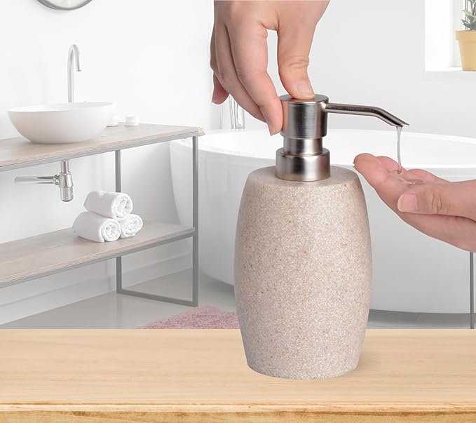 Sandstone Textured Resin Soap Dispenser with Metallic Pump and Waterproof Bottle Labels for Bathroom Kitchen Dish Hand Wash Shower Lotion Shampoo, 12 Oz, Beige