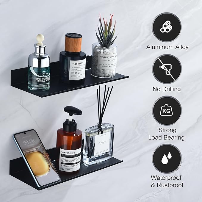 HNVNER Adhesive Shower Caddy 2 Pack, Metal Shower Shelves for Inside Shower 30cm, Black Bathroom Shelves Wall Mounted, No Drilling Bathroom Organizer