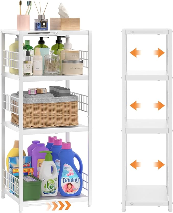 4 Tier Expandable Slim Storage Shelf, Metal Shelving Unit for Bathroom Storage Organizer, Freestanding Narrow Shelf for Small Spaces, Open Floor Shelves for Bathroom, Laundry Room, Kitchen,White
