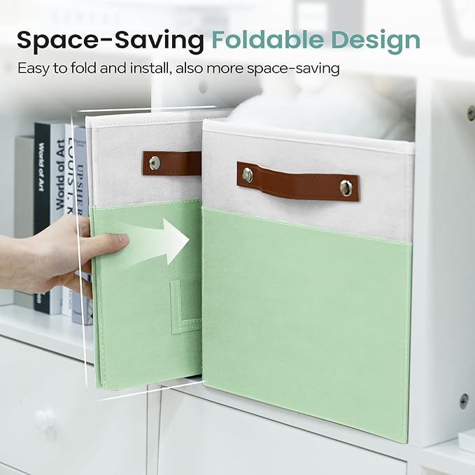 6-Pack Storage Cubes with Handles & Label Holders Basket, Closet Cube Home Organizer Bins(White/Green, 10.5*10.5*11 inch)