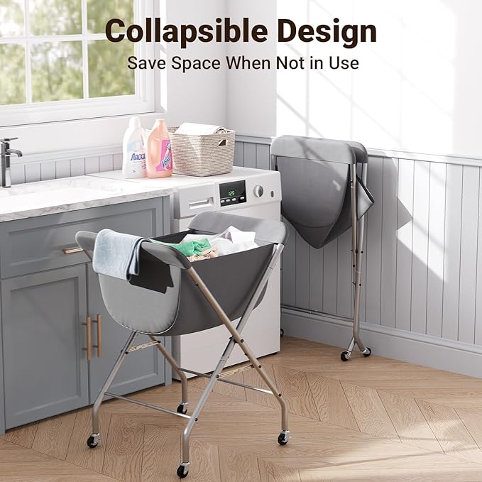 ELYKEN Laundry Cart with Wheels, 33”H Easy Rolling Laundry Hamper with Removable Liner Bag, Sturdy Metal Frame Clothes Basket with 4 Casters and 2 Brakes