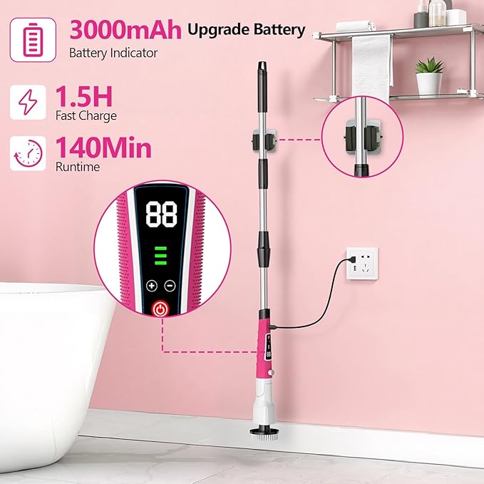 Electric Spin Scrubber,2026 New Adjustable Angle Cleaning Brush，IPX7 Waterproof Shower Scrubber with 3 Speed Settings,9 Brush Heads & Extendable Long Handle for Bathroom, Kitchen and Car Cleaning