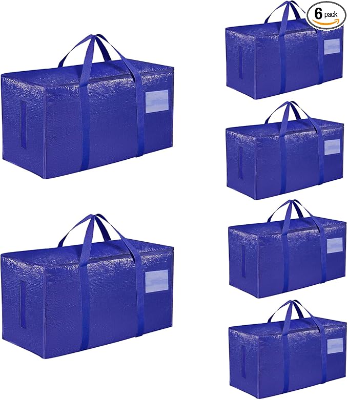 6 Pack-Extra Large Heavy Duty Moving Bags - Waterproof Storage Totes with Handles & Zippers, Foldable for College Dorm, Storage (Blue)