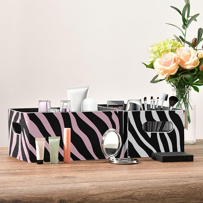 Pink Zebra Print Closet Storage Bins 2 Pcs Felt Open Home Storage Containers Organizer with Handles Collapsible Shelf Basket for Home Office Craft Room Classroom Fabric
