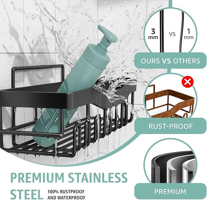 GD Adhesive Shower Caddy 5 Pack – Rustproof Stainless Steel No-Drill Bathroom Organizer Shelves with Large Capacity, Waterproof Storage Racks for Shower, Kitchen, Dorm, Apartment, and Home