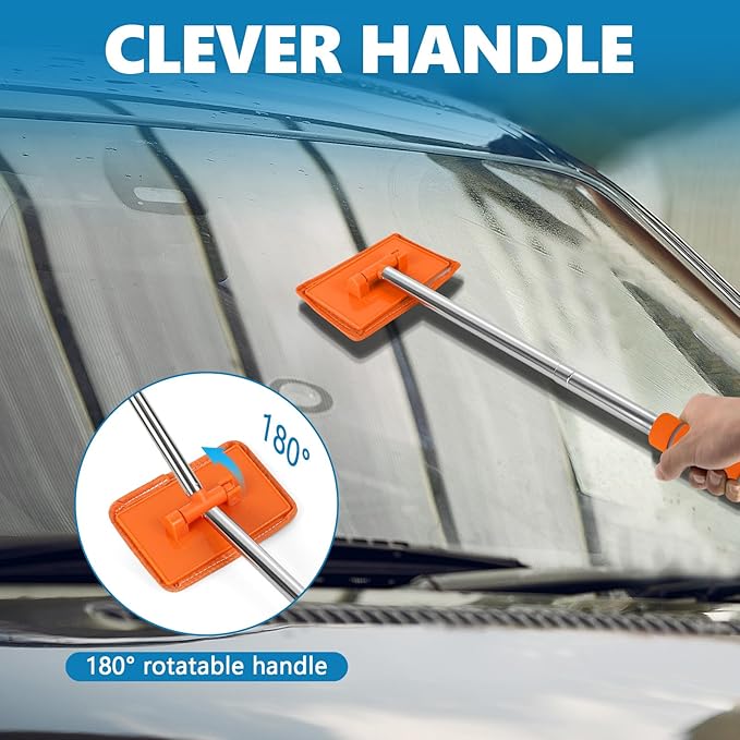 Car Windshield Cleaning Tool, Car Windshield Window Cleaner, Auto Glass Wiper Tool with Extendable Handle & Reusable Microfiber Pad, Universal Vehicle Cleaning Car Accessories (Orange)