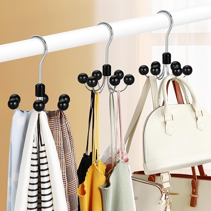 TOPIA HANGER Hoodie Hangers 2-Pack with 6 Wood Balls, 360°Swivel Purse Hanger, Scarf Hanger, Closet Hooks, Handbag Organizer, Bra Hanger, Accessory Organizers for Scarf, Tanktop, Hat, Hoodie CT43B