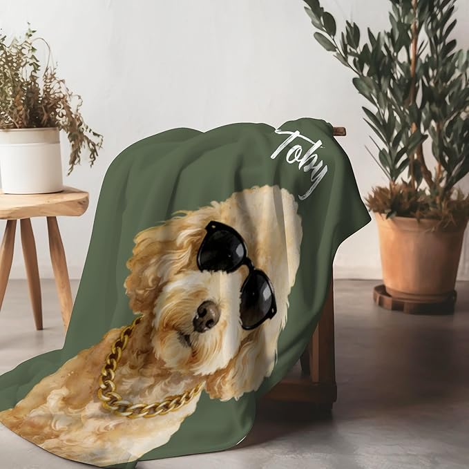 Custom Pet Portrait Blanket Personalized Fleece Throw Blankets with Dog Cat Watercolor Photo & Name Cute Cozy Soft Warm Unique Gift Ideas for Pets Lover Dog's Dad Mom