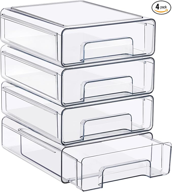 Sorbus Medium Clear Stackable Storage Drawers 4-Pack Plastic Organizer Bins with Handles Pull-Out Drawers for Bathroom Closet, Medicine, Cabinet, Pantry Storage, Baby Bottle Organizer