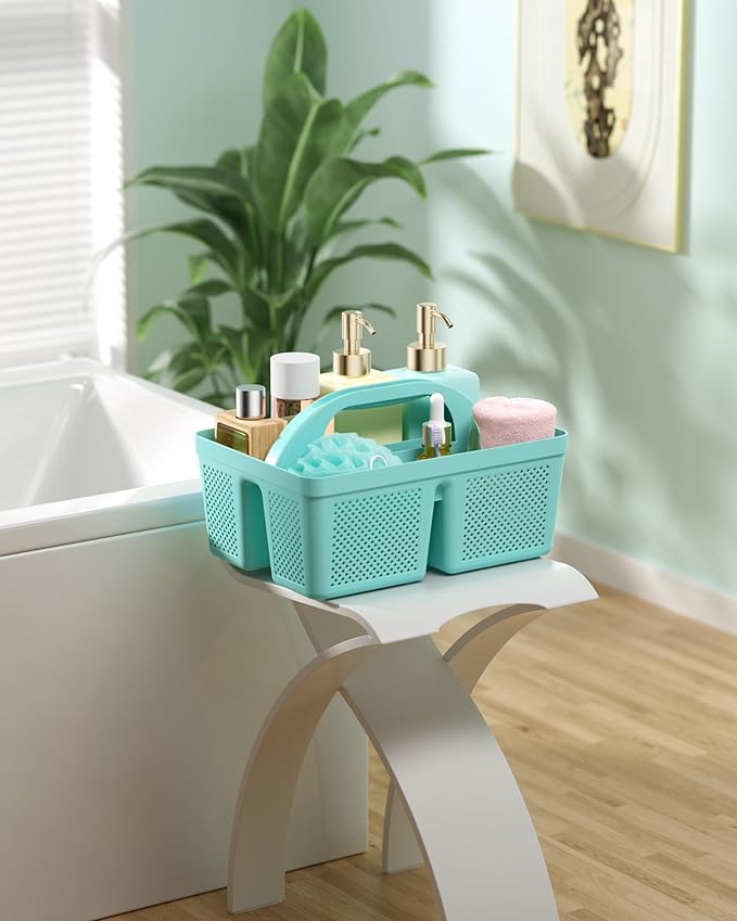 MLIKLU 4 Pack Portable Shower Caddy, Integrated Handle, Reinforced Plastic, Quick-Dry Ventilation Holes, Multi-purpose Storage Basket for Home, Dorm and Bathroom, Kitchen, Under Sink Storage, Cyan