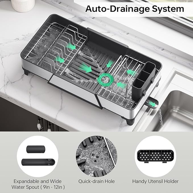 Large Dish Drying Rack - Triple Expandable Dish Rack for Kitchen Counter, Stainless Steel Sink Organization and Storage Essentials with Utensil & Pans Holder for Home and Appartment, Black