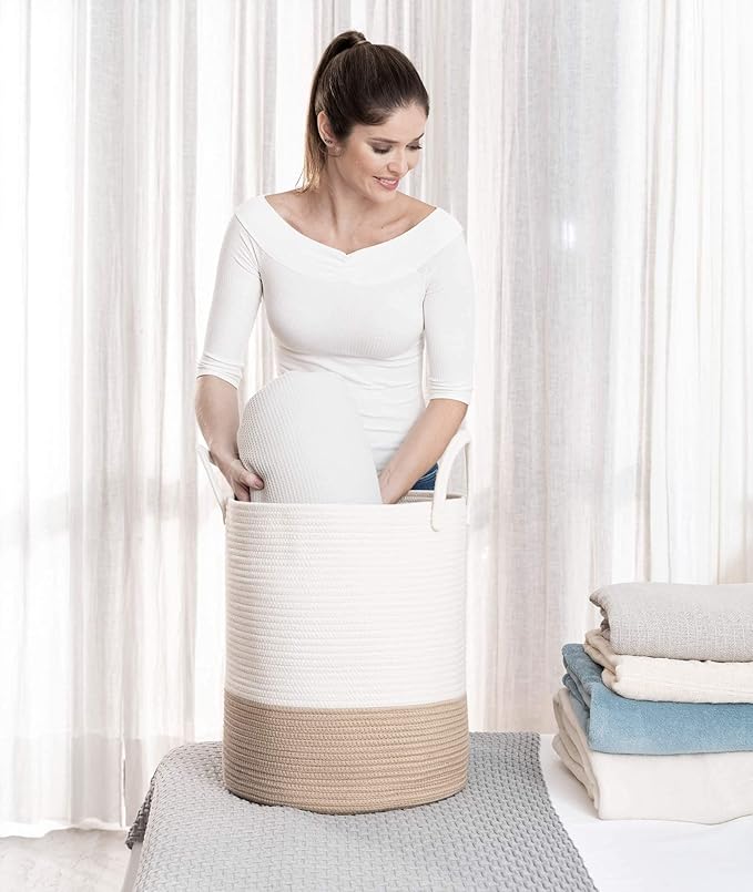 OrganiHaus Large Woven Laundry Basket w/Handles 52L, Rope Dirty Clothes Hamper, Blanket Basket for Living Room, Baby Laundry Hamper for Nursery, Soft Decorative Organizer Bin - Honey/Off-White