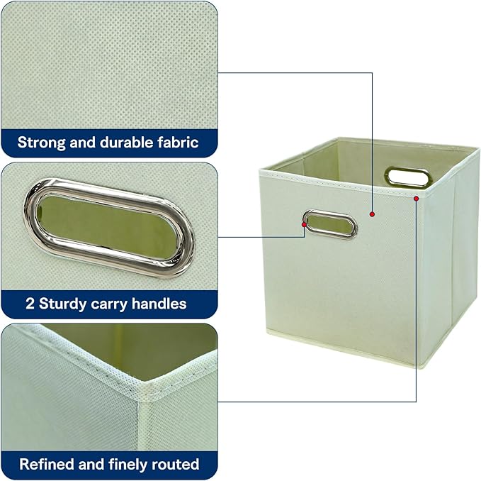 STOREONE Fabric Storage Bins Cubes Baskets Containers-(11X11X11) with Dual Handles Cube Storage Organizer Bins for Shelf Closet, Bedroom Organizers, Foldable Set of 6 (Creamy- White )