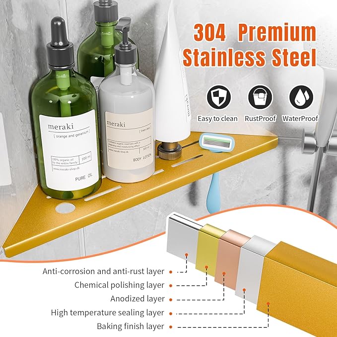 HBXS Shower Corner Shelf with Razor Hole,Modern Style Shower Caddy, Sturdy 304 Stainless Steel Shower Organizer,No Drilling Bathroom Corner Shelf for Tile Wall Gold 2 Pack-10