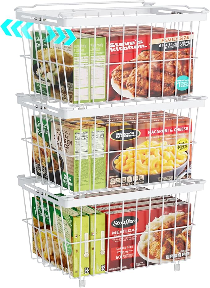 iSPECLE Freezer Organizer Bins - 3 Pack Adjustable Width for 5 to 7 Cu.Ft Chest Freezers, Stackable Freezer Wire Storage Baskets for Deep Freezer Organization, Assembly Required, White
