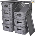 Plastic Storage Baskets with Lid - Plastic Storage Containers Stackable Storage bins: Storage Baskets for Organizing Shelves Drawers Desktop Closet Playroom Classroom Office, 8 Pack-Gray