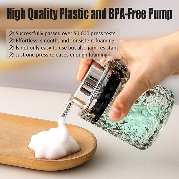 Malachi Foaming Hand Soap Dispenser, Refillable Clear Glass Pump Bottles for Liquid or Lotion, Modern Foam Dispenser for Bathroom, Kitchen, Commercial