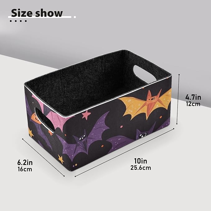 White Black Halloween Bats and Stars Closet Storage Bins 2 Pcs Felt Open Home Storage Containers Organizer with Handles Collapsible Shelf Basket for Home Office Craft Room Classroom Fabric