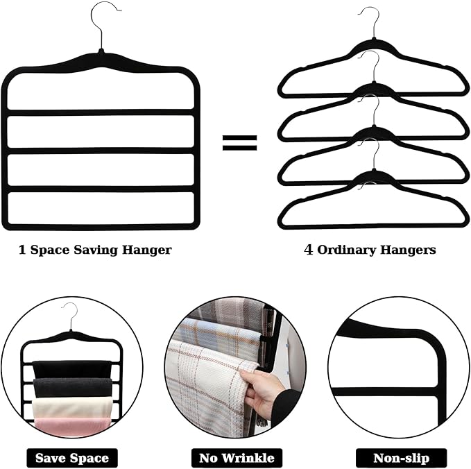 Closet Organizers and Storage, 2 Pack Pants-Hanger-Space-Saving, Velvet Clothes Organization Jeans Trousers Scarf Hangers for Pant-Rack, College-Dorm-Room Essentials for Students Girls Boys Guys