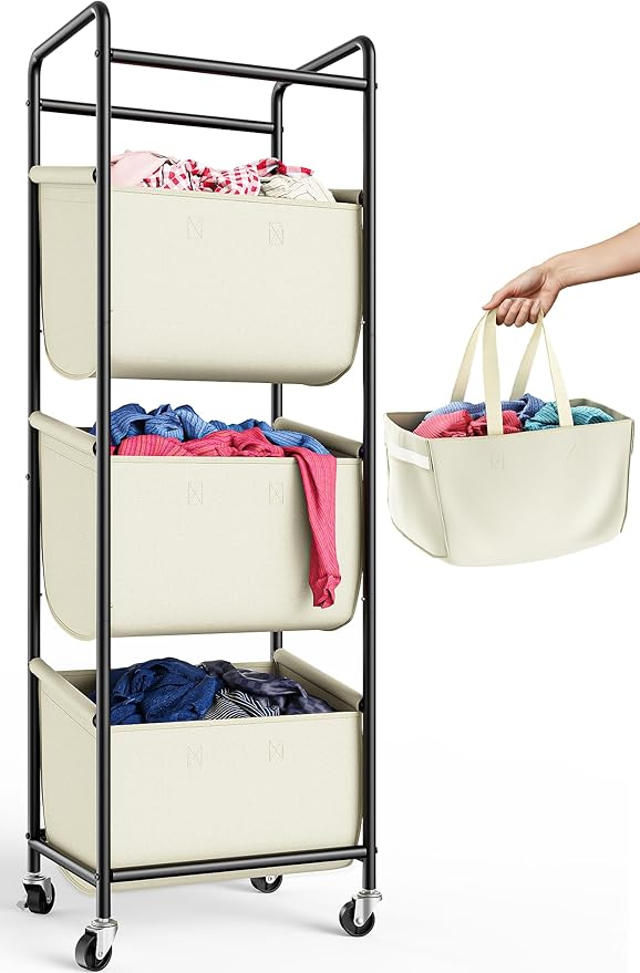 Moforoco Vertical Laundry Sorter 3 Section with Removable Bag, Laundry Hamper with Wheels, 120 L Rolling Laundry Baskets organizer for Bathroom, Apartment, Dorm Room, Beige