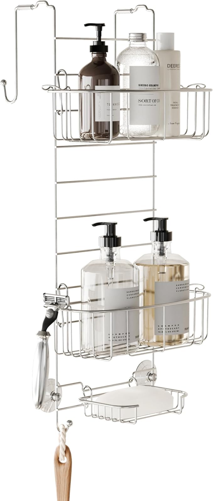 Zenna Home Shower Caddy Hanging Over the Shower Door Organizer, Stainless Steel Rack with 2 Shelves and Built in Hooks, Bathroom Organizer Shelf for Inside Shower, Stainless Steel