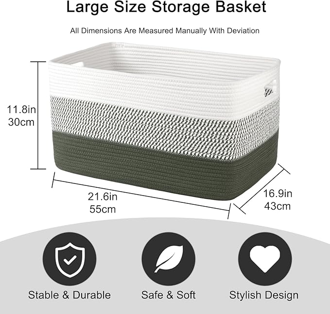 OIAHOMY Large Blanket Basket, 22”x17”x12” Rectangle Woven Baskets, Nursery Blanket Storage Living Room, Toy Storage With Handle, Large Baskets for Organizing-Green/White
