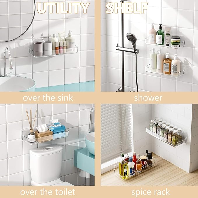 UDD Acrylic Clear Shower Caddy Adhesive Shelf, 2pc Plastic Shower Organizer with Self Adhesive Tape, No Drilling Wall Mount Shower Shelves for Bathroom Kitchen, Transparent