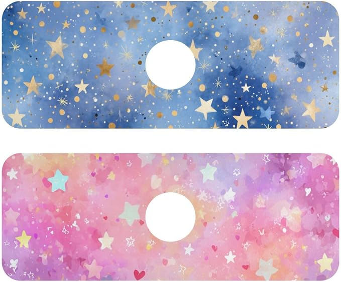 Blue Romantic Golden Stars Gradient Kitchen Sink Splash Guard Sink Faucet Mat Faucet Handle Drip Catcher Drain Mats for Kitchen Bathroom Countertop Absorbent Dish Drying Pad 2Pac