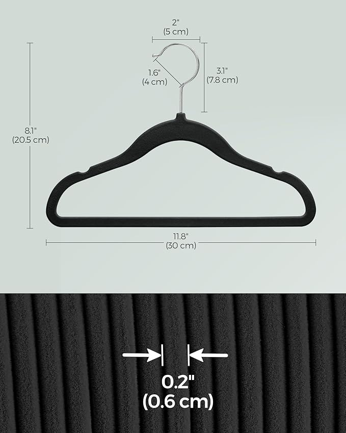 SONGMICS Baby Kids Hangers 50 Pack for Closet, 11.8 x 8.1 Inches, Silver 360° Swivel Hooks, Space-Saving Clothes Velvet Hangers for Nursery, Non-Slip, Ink Black UCRF027B05