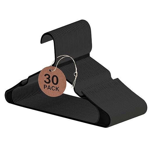 Simple Deluxe 30 Pack Plastic Hangers, Space Saving Clothes Hangers with Non-Slip Shoulder Notches, Slim Standard Hangers for Coats, Sweater, Shirts, Pants, Black