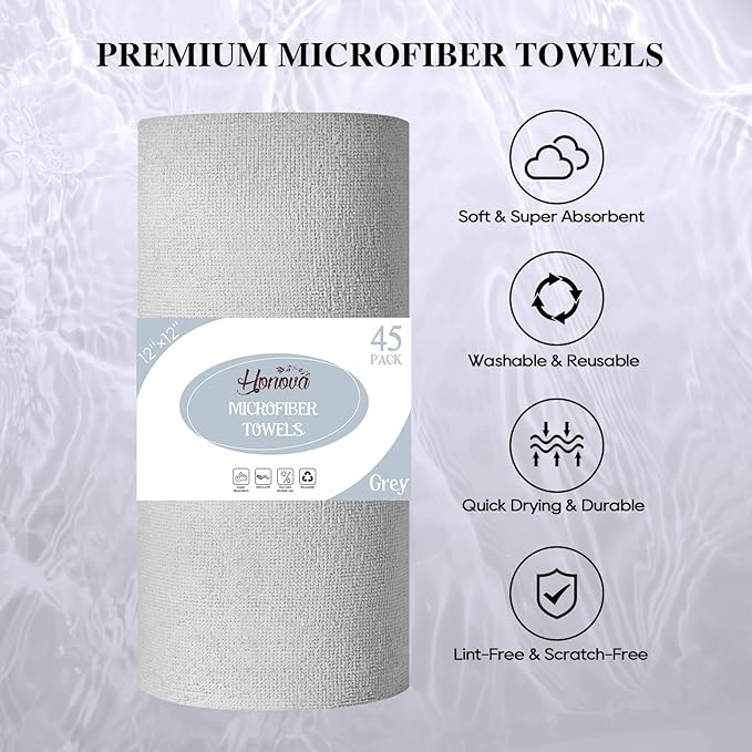 HONOVA Microfiber Cleaning Cloth Roll 45 Pack, Reusable Paper Towels Washable Roll, 12" x 12", Tear Away Microfiber Towels, Highly Absorbent, Lint Free Dish Rags for Kitchen, Window, Car, Shop(Grey)