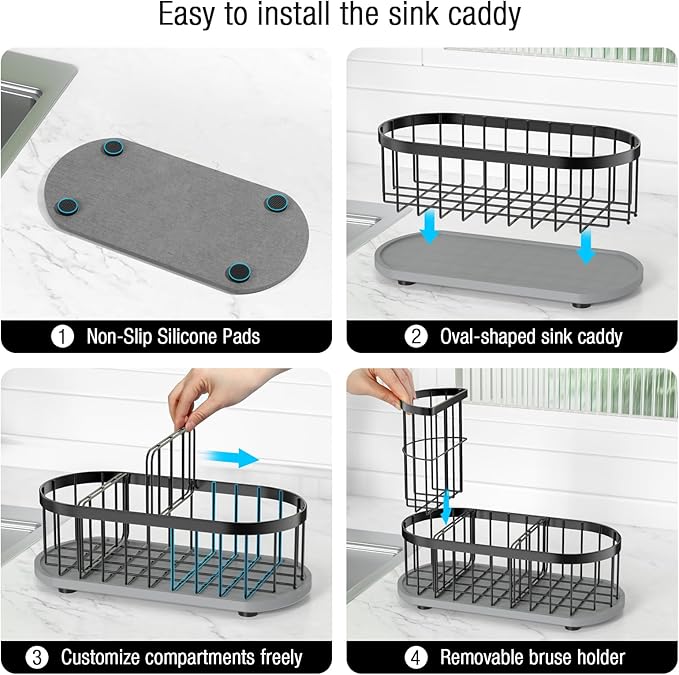 LARGE Kitchen Sink Caddy Organizer,[FLEXIBLE PLACEMENT & FAST-DRYING] Sponge Holder for Kitchen Sink Countertop with High Brush Holder-Rustproof 304 Stainless Steel-9.84"L x 4.72"W x 5.83"H