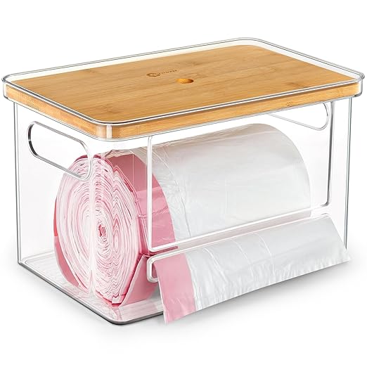 Stackable Trash Bag Dispenser with Wooden Top for Large Rolls – Extra-Large Garbage Bag Holder with Anti-Slip Base, Trash bag Dispenser Under Sink for Kitchen & Pantry Organization (11.5x7.5x7 inches)