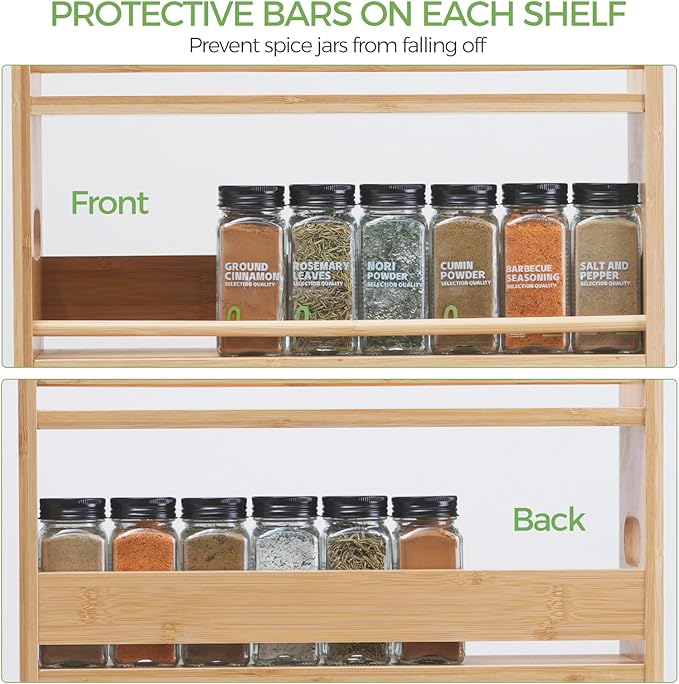 Bamboo Spice Rack Organizer, 3 Tier Spice Jars Storage Rack with Handles, Seasoning Shelf for Kitchen Counter or Wall