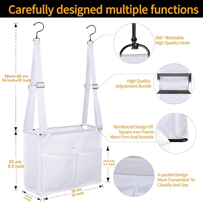 GUMQDD 4 Storage Pockets Adjustable Hanging Mesh Bathroom Bag, Shower Caddy College with Hooks, Applied to College Dorm Rooms, Gym, Swimming and RV Travel (White)