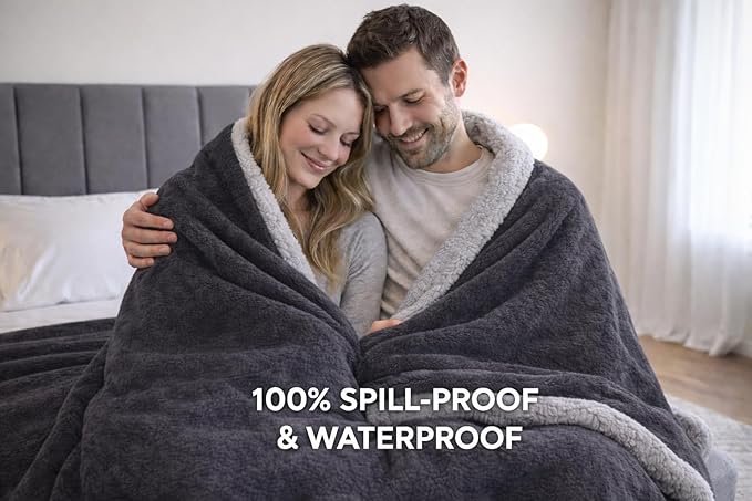 Waterproof Blanket Double Size - Sherpa Fleece Reversible Throw, Soft Warm Leak-Proof Bed & Couch Protector for Kids, Pets & Everyday Spills (Charcoal Grey/Silver Grey, 85x90)