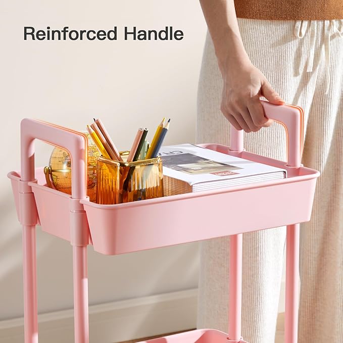 Pipishell 3 Tier Rolling Cart Organizer, Plastic Rolling Cart with Lockable Wheels & Reinforced Handle, Lightweight Utility Storage Cart for Nursery, Kitchen, Craft Room, Pink